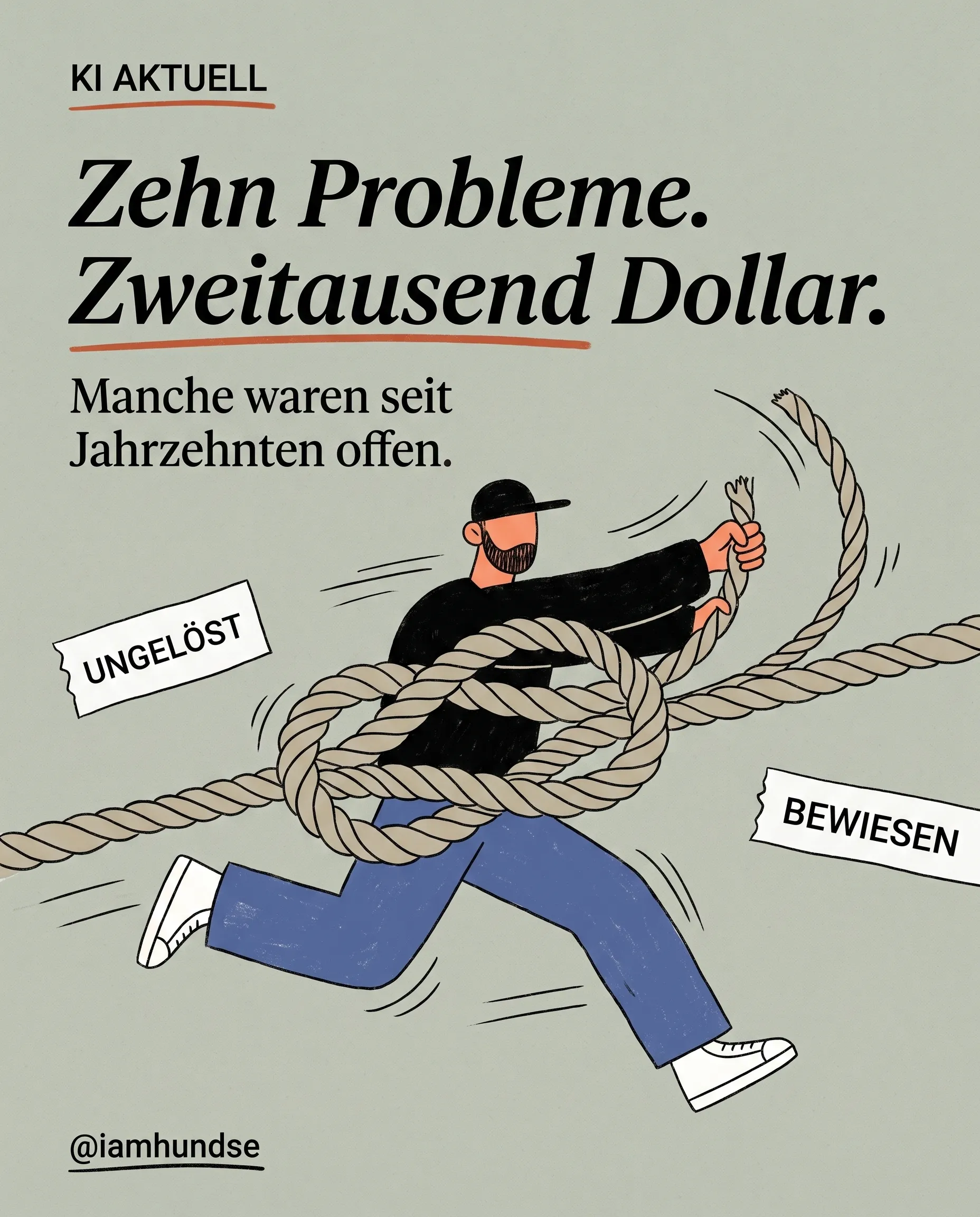 Gezeichneter Mann rennt mit einem verknoteten Seil, daneben Etiketten mit UNGELÖST und BEWIESEN.