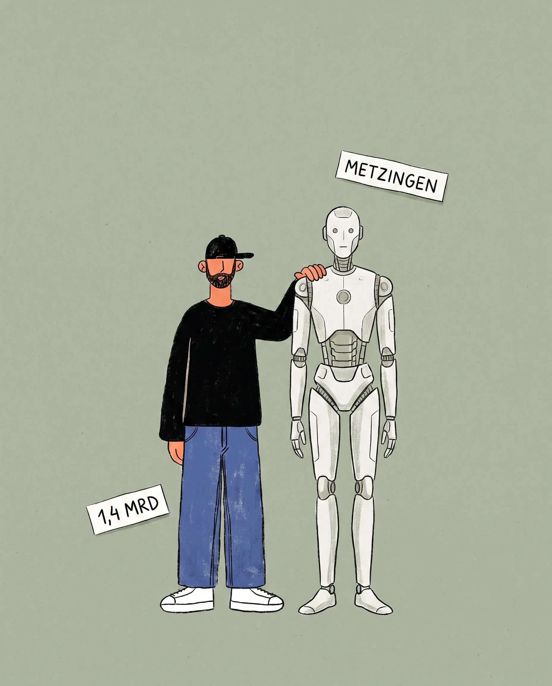 Der Dude legt eine Hand auf die Schulter eines humanoiden Roboters, daneben die Etiketten Metzingen und 1,4 Mrd.