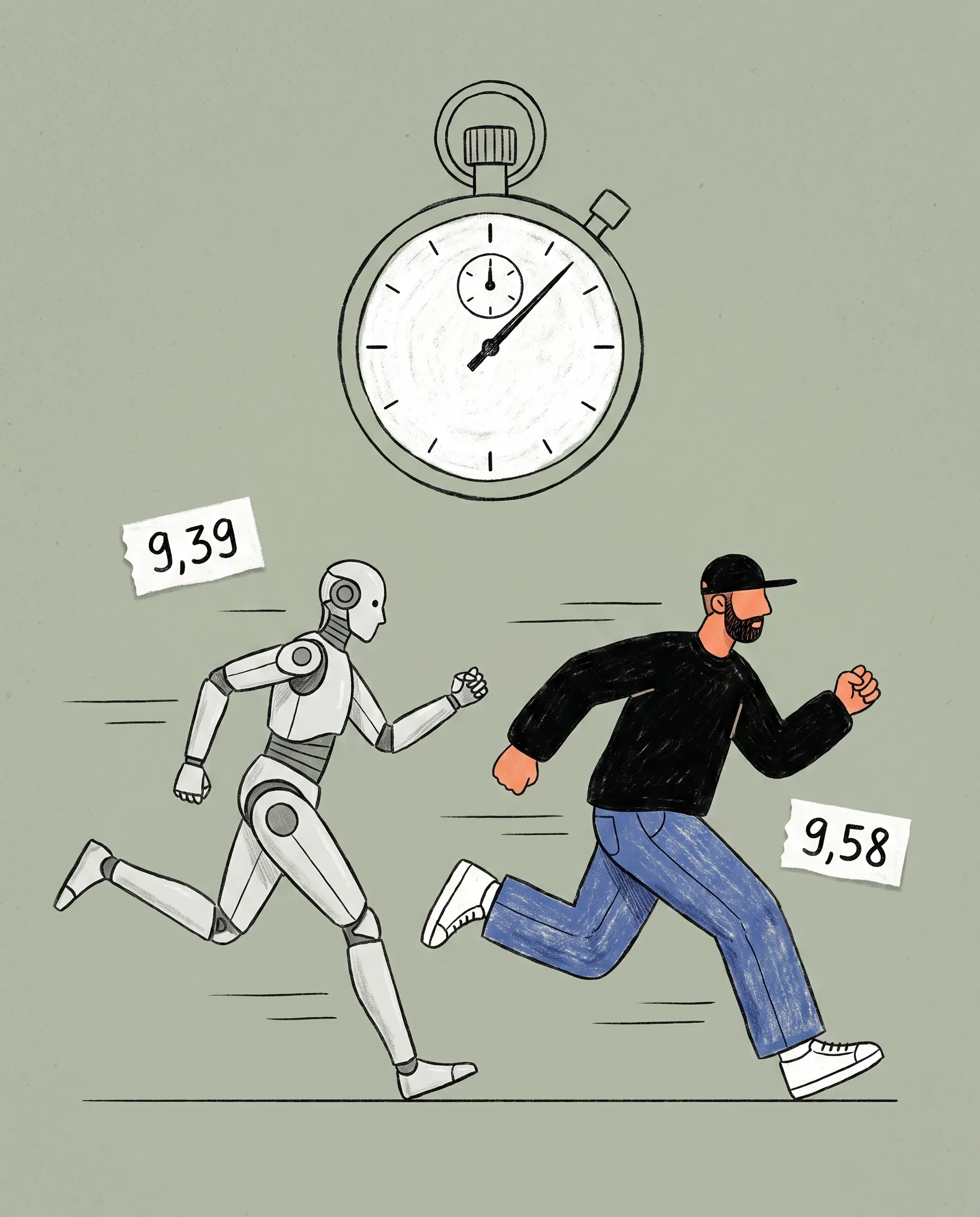 Der Dude rennt neben einem humanoiden Roboter, darüber eine Stoppuhr, daneben die Etiketten 9,39 und 9,58.